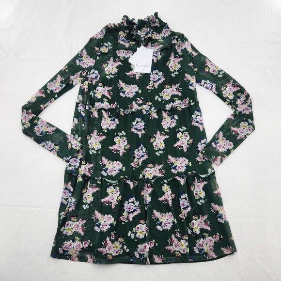Love Fire Girls Size Large Dark Green Floral Mesh Overlay Dress - Picture 1 of 5